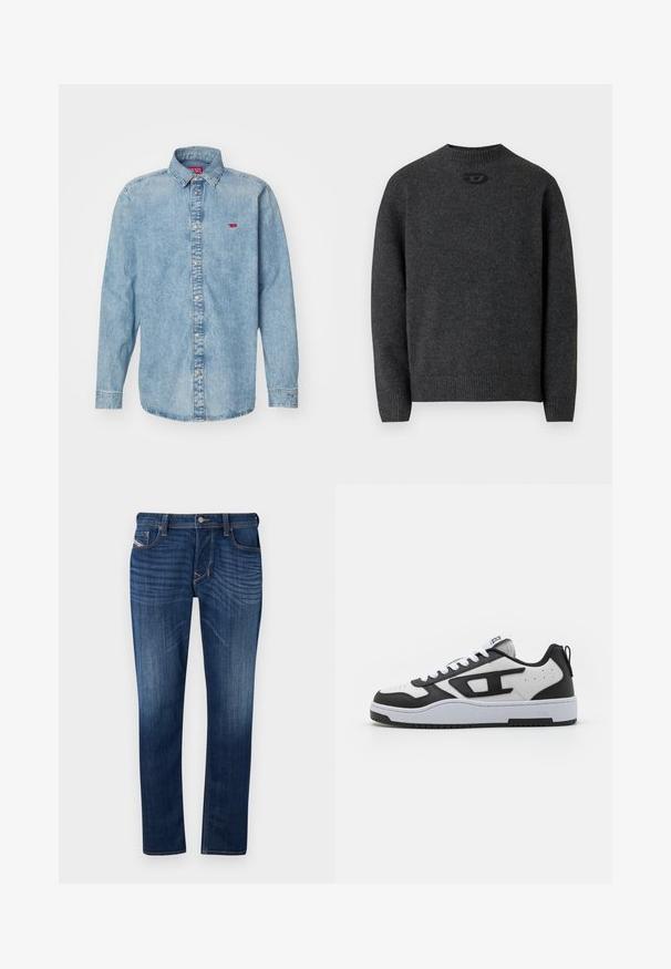 Pull gris foncé en tissu tricoté doux, avec un col rond et des poignets et un ourlet côtelés. Comprend un petit détail de logo à l'arrière.; Chemise en denim bleu clair avec des manches longues, un col pointu et une fermeture à boutons. Présente un petit logo rouge sur le côté gauche de la poitrine.; Jean en denim bleu foncé avec une coupe droite, dotés d'un design à cinq poches, de coutures visibles et d'une fermeture à bouton en métal à la taille.; Baskets blanches et noires avec une tige en cuir texturé, un col rembourré, un bout rond et une semelle en caoutchouc contrastante. Comprend des lacets blancs et un détail de logo.