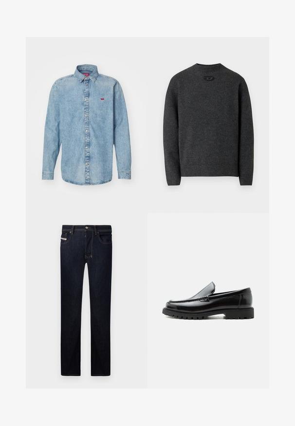 Pull gris foncé en tissu tricoté doux, avec un col rond et des poignets et un ourlet côtelés. Comprend un petit détail de logo à l'arrière.; Chemise en denim bleu clair avec des manches longues, un col pointu et une fermeture à boutons. Présente un petit logo rouge sur le côté gauche de la poitrine.; Jean en denim bleu foncé avec une coupe droite, comprenant cinq poches, des coutures contrastantes et un bouton en métal.; Mocassin en cuir noir avec semelle en caoutchouc épaisse, dessus cousu et nom de marque embossé sur le talon, présenté de profil sur fond blanc.