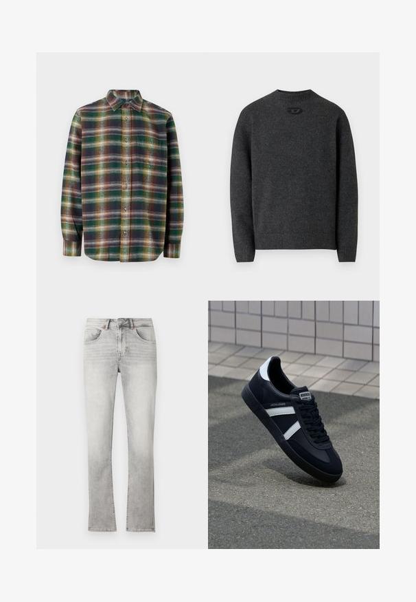 Pull gris foncé en tissu tricoté doux, avec un col rond et des poignets et un ourlet côtelés. Comprend un petit détail de logo à l'arrière.; Chemise à manches longues en tartan aux tons vert, bleu marine et orange, avec une fermeture à boutons, un col étalé et un tissu doux et texturé.; Jeans en denim gris clair avec une coupe droite, un lavage délavé, cinq poches et une fermeture éclair. Présente des accents de couture subtils.; Sneaker en cuir noir avec des rayures blanches, semelle en caoutchouc texturée et devant à lacets. Présente une étiquette de marque sur la languette.