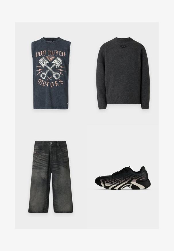 Pull gris foncé en tissu tricoté doux, avec un col rond et des poignets et un ourlet côtelés. Comprend un petit détail de logo à l'arrière.; Débardeur gris foncé avec des pistons croisés, des éclairs et le texte « Von Dutch 1929 Motors » en rose pâle et blanc.; Shorts noirs en denim à jambes larges avec bouton sur le devant, fermeture éclair, passants pour ceinture et détails de texture délavée.; Basket de sport noire et grise avec des motifs géométriques superposés et une semelle épaisse et sculptée, vue de côté sur fond blanc.