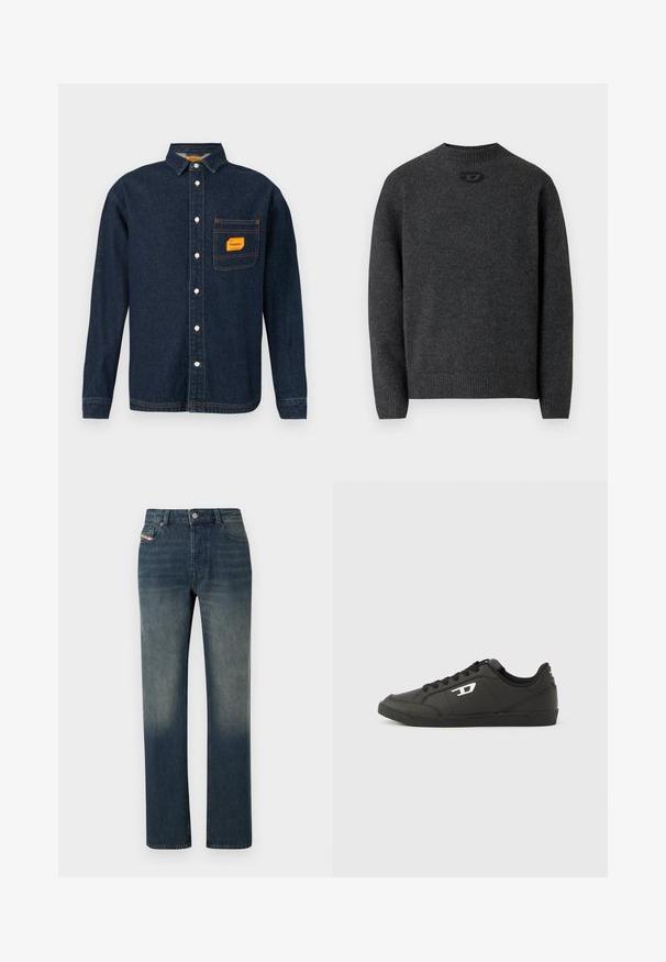 Dunkelgrauer Pullover aus weichem Strickstoff mit Rundhalsausschnitt sowie gerippten Bündchen an Ärmeln und Saum. Mit kleinem Logodetail auf der Rückseite.; Dunkelblaue Denim-Hemd mit Button-Down-Kragen, orangefarbener Etikett auf der Brusttasche und weißen Knöpfen. Weiche Textur mit Kontrastnähte.; Blaue Jeans mit geradem Bein, verwaschenem Look, Vorderseite mit Knopf- und Reißverschluss sowie Fünf-Taschen-Design.; Schwarze Sneakers aus synthetischem Material mit einer strukturierten schwarzen Sohle, rundem Zehenbereich und flachen schwarzen Schnürsenkeln. Auffälliges weißes Logo auf der Außenseite.