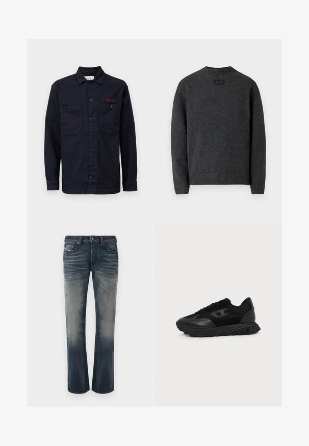 Mørkegrå sweater lavet af blødt strikket stof med rund halsudskæring og ribstrikkede manchetter og kant. Har et lille logodetalje på ryggen.; Mørkeblå denimskjorte med lange ærmer, knaplukning foran, to brystlommer og et lille rødt "REPLAY" logo på den venstre lomme.; Lysblå, straight-leg jeans i mørkeblå denim med falmede sektioner, diskrete rynker og slidte detaljer. Knappelukning med fem lommer.; Sort lavt snøresko med struktureret sål, mesh- og læderoverdel, snørebånd foran og et lille præget logo på sidepanelet.