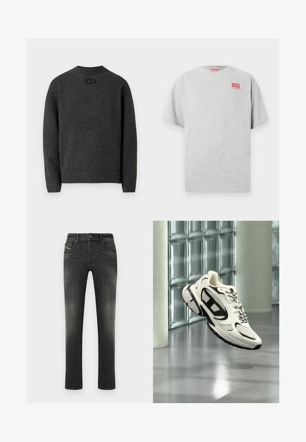 Pull gris foncé en tissu tricoté doux, avec un col rond et des poignets et un ourlet côtelés. Comprend un petit détail de logo à l'arrière.; T-shirt en coton gris avec un col rond et des manches courtes. Présente un petit logo rouge « DIESEL » sur la poitrine. Texture lisse.; Jean gris foncé à coupe standard, design à cinq poches, légère décoloration et finition texturée subtile. Fermeture par bouton métallique à la taille.; Baskets athlétiques blanches et noires avec des détails en mesh et des lacets à motifs suspendues en l'air dans un espace intérieur moderne avec des blocs de verre.