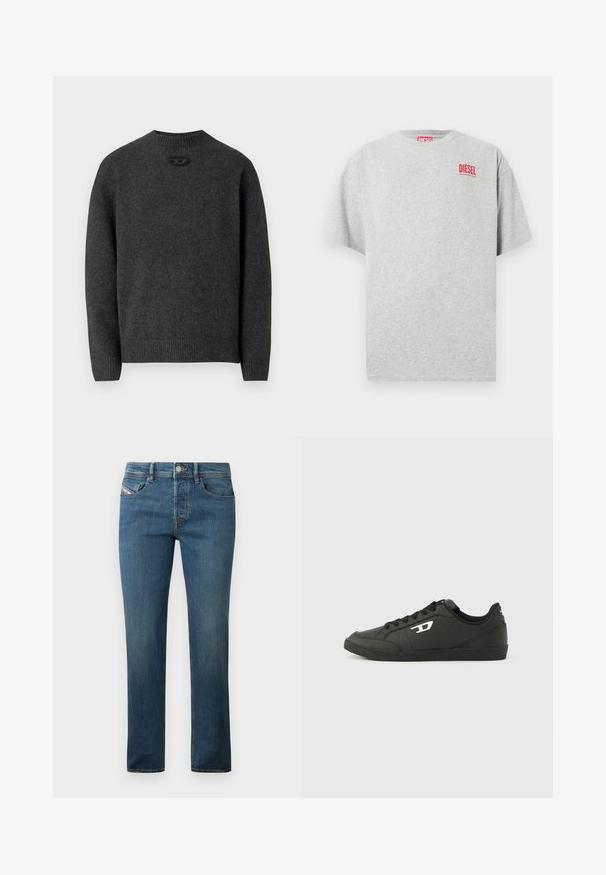Suéter gris oscuro hecho de tela de punto suave, con cuello redondo y puños y dobladillo acanalados. Incluye un pequeño detalle de logo en la parte trasera.; Camiseta de algodón gris con cuello redondo y mangas cortas. Presenta un pequeño logo rojo "DIESEL" en el pecho. Textura suave.; Jeans de mezclilla azul oscuro con un diseño de pierna recta, estilo de cinco bolsillos y un ligero desgaste. Presenta un botón de metal y trabillas para el cinturón.; Zapatillas deportivas negras sintéticas con suela negra texturizada, puntera redonda y cordones planos negros. Destaca un logo blanco en el lateral exterior.