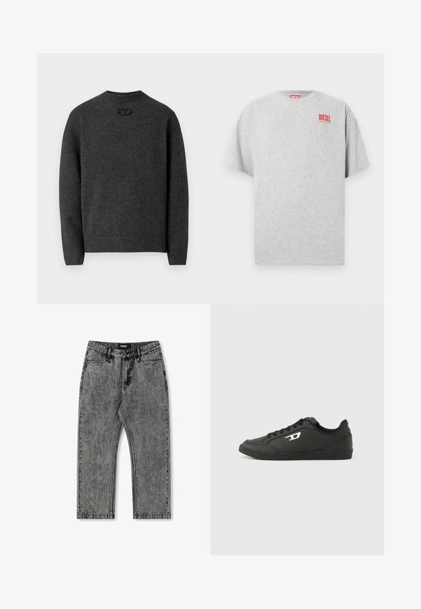 Suéter gris oscuro hecho de tela de punto suave, con cuello redondo y puños y dobladillo acanalados. Incluye un pequeño detalle de logo en la parte trasera.; Camiseta de algodón gris con cuello redondo y mangas cortas. Presenta un pequeño logo rojo "DIESEL" en el pecho. Textura suave.; Jeans de mezclilla gris con un acabado desgastado, diseño de pierna recta y estilo de cinco bolsillos. Presenta una etiqueta con "FORMER" en la cinturilla.; Zapatillas deportivas negras sintéticas con suela negra texturizada, puntera redonda y cordones planos negros. Destaca un logo blanco en el lateral exterior.