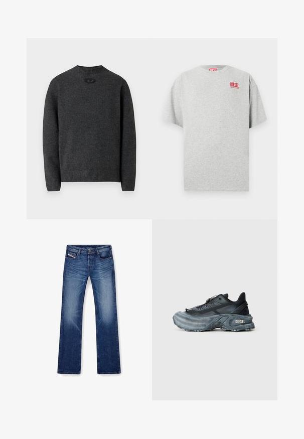 Mørkegrå sweater lavet af blødt strikket stof med rund halsudskæring og ribstrikkede manchetter og kant. Har et lille logodetalje på ryggen.; Grå bomuld t-shirt med rund hals og korte ærmer. Har et lille rødt "DIESEL" logo på brystet. Glat tekstur.; Blå denim jeans med en lige ben-design, fem lommer og en tonet syning. Stoffet har en glat tekstur med let lyse effekter.; Sort og grå Diesel sneakers med tyk sål, snørrebåndslukning og tekstureret design på en ensfarvet lysegrå baggrund.