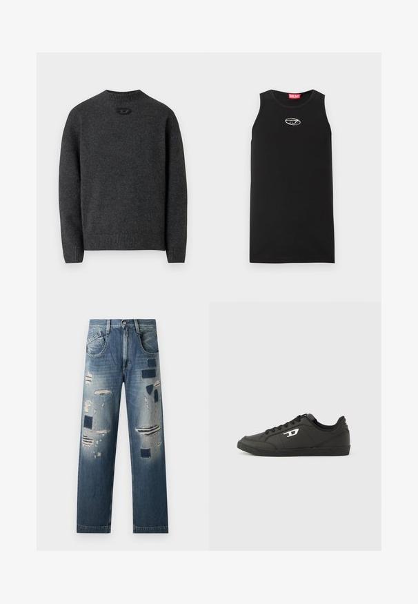Mørkegrå sweater lavet af blødt strikket stof med rund halsudskæring og ribstrikkede manchetter og kant. Har et lille logodetalje på ryggen.; Sort ærmeløs tanktop lavet af bomuld. Har en rund halsudskæring og en lille hvid Diesel-logo på brystet. Glat tekstur.; Denim jeans med slidte lapper og varierende nuancer af blå, med en lige benudskæring og traditionelt fem-lomme design.; Sorte syntetiske sneakers med en struktureret sort sål, rund tå og flade sorte snørebånd. Fremtrædende hvidt logo på ydersiden.