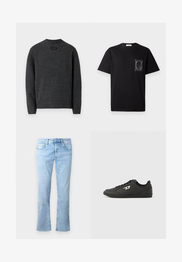 Donkergrijze trui gemaakt van zachte gebreide stof, met een ronde halslijn en geribbelde boorden en zoom. Voorzien van een klein logodetail aan de achterkant.; Zwarte katoenen t-shirt met korte mouwen, voorzien van een grafische print op de linkerborst en een kleine rode accent nabij de halslijn.; Lichtblauwe jeans van denim hebben een recht model, vijf zakken en een knoopsluiting. De stof heeft een zachte textuur met vervaagde accenten.; Zwarte sneakers van synthetisch materiaal met een geribbelde zwarte zool, ronde neus en vlakke zwarte veters. Opvallend wit logomerk aan de buitenzijde.
