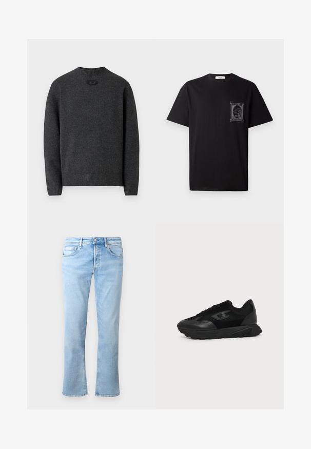 Mørkegrå sweater lavet af blødt strikket stof med rund halsudskæring og ribstrikkede manchetter og kant. Har et lille logodetalje på ryggen.; Sort bomulds T-shirt med korte ærmer, der har et grafisk print på venstre bryst og en lille rød detalje nær halsudskæringen.; Lyseblå denimjeans har en lige ben-design, fem lomme-styling og en knaplukning. Stoffet har en glat tekstur med falmede accenter.; Sort lavt snøresko med struktureret sål, mesh- og læderoverdel, snørebånd foran og et lille præget logo på sidepanelet.