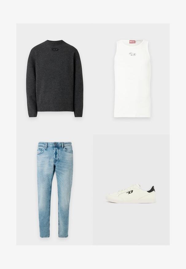 Dunkelgrauer Pullover aus weichem Strickstoff mit Rundhalsausschnitt sowie gerippten Bündchen an Ärmeln und Saum. Mit kleinem Logodetail auf der Rückseite.; Weißes ärmelloses Tanktop aus glattem Stoff, mit kleinem silbernem Logo auf der Brust und einem roten Etikett am Halsausschnitt.; Helle blaue Denim-Jeans im Slim-Fit mit Fronttaschen und Knopfverschluss. Der Stoff hat eine weiche, strukturierte Oberfläche.; Weiße Sneaker mit strukturiertem Obermaterial, schwarzen Akzenten an der Ferse und einem Logo an der Seite. Schnürdesign und Gummisohle.