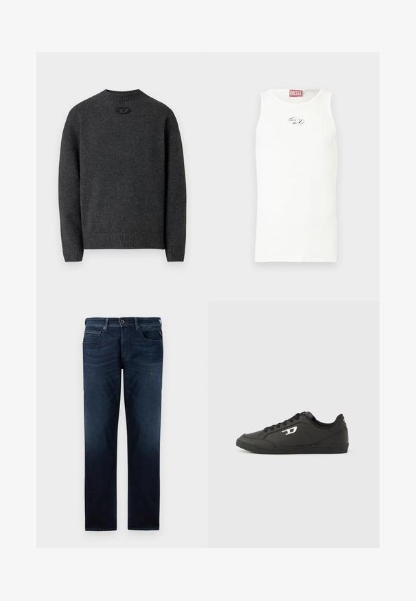 Mørkegrå sweater lavet af blødt strikket stof med rund halsudskæring og ribstrikkede manchetter og kant. Har et lille logodetalje på ryggen.; Hvid ærmeløs tanktop lavet af glat stof, med en lille sølvlogo på brystet og en rød label ved halsudskæringen.; Mørkeblå denimjeans med lige ben-design, fem-lomme stil og en synlig knaplukning i livet. Glat tekstur.; Sorte syntetiske sneakers med en struktureret sort sål, rund tå og flade sorte snørebånd. Fremtrædende hvidt logo på ydersiden.