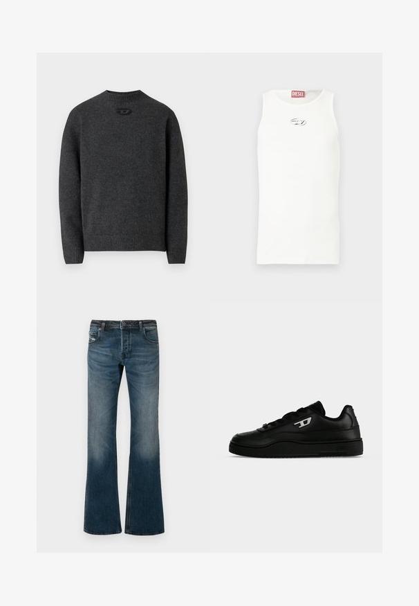 Donkergrijze trui gemaakt van zachte gebreide stof, met een ronde halslijn en geribbelde boorden en zoom. Voorzien van een klein logodetail aan de achterkant.; Witte mouwloze tanktop gemaakt van gladde stof, met een klein zilveren logo op de borst en een rood label aan de halslijn.; Verbleekte blauwe denim jeans met een uitlopende pijp, vijf zakken en een donkere tailleband. Heeft subtiele wassing bij de dijen.; Zwarte lage sneaker met dikke zool, veterluiting aan de voorkant en een klein wit "D" logo aan de zijkant, afgebeeld tegen een effen witte achtergrond.