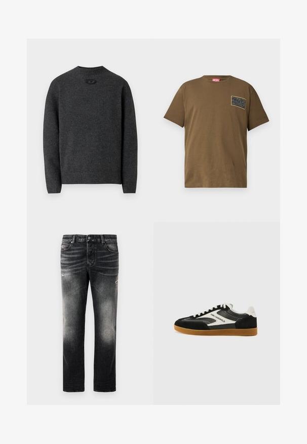 Suéter gris oscuro hecho de tela de punto suave, con cuello redondo y puños y dobladillo acanalados. Incluye un pequeño detalle de logo en la parte trasera.; Camiseta de algodón marrón con cuello redondo, que presenta un parche gráfico negro en el lado izquierdo del pecho. Mangas cortas y dobladillo recto.; Jeans negros con acabado desgastado y toques rasgados, diseño estándar de cinco bolsillos y cierre con cremallera. Elaborados en tela de denim.; Zapatillas bajas en blanco y negro, fabricadas con materiales de ante y cuero, que cuentan con una suela de goma y un detalle del logo "Karl Lagerfeld".