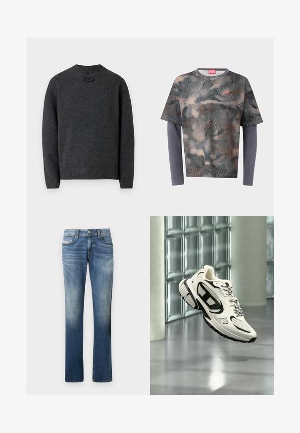 Dark gray sweater made of soft knit fabric, featuring a crew neckline and ribbed cuffs and hem. Includes a small logo detail at the back.; Camouflage-patterned perforated short-sleeve shirt layered over solid gray long sleeves with red Diesel logo on chest and collar tag.; Blue denim jeans with a faded finish, straight-leg design, five-pocket style, and subtle stitching details. Classic button closure.; White and black athletic sneaker with mesh details and patterned laces suspended mid-air in a modern indoor space with glass blocks.