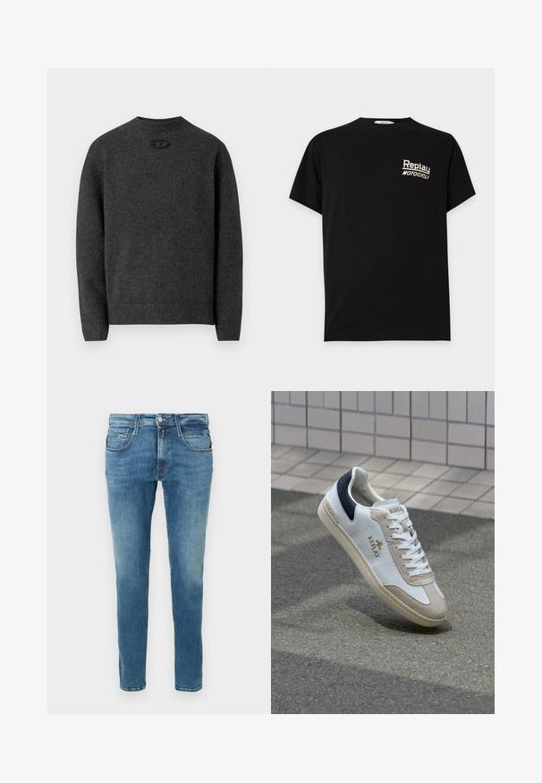 Pull gris foncé en tissu tricoté doux, avec un col rond et des poignets et un ourlet côtelés. Comprend un petit détail de logo à l'arrière.; T-shirt noir à manches courtes avec "Replay Motocicli" imprimé en blanc sur la poitrine gauche.; Jean en denim bleu clair avec une coupe droite. Comprend cinq poches, une braguette à boutons et des surpiqûres contrastantes le long des coutures.; Baskets en cuir blanc avec des accents en suède beige, un onglet de talon bleu marine et un logo doré. Semelle texturée avec un motif décoratif. Design classique à lacets.