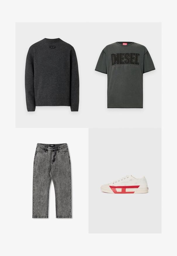Suéter gris oscuro hecho de tela de punto suave, con cuello redondo y puños y dobladillo acanalados. Incluye un pequeño detalle de logo en la parte trasera.; Camiseta de manga corta en gris oscuro hecha de algodón. Cuenta con un gran logo negro de DIESEL y el texto "FOR SUCCESSFUL LIVING" en un diseño contrastante.; Jeans de mezclilla gris con un acabado desgastado, diseño de pierna recta y estilo de cinco bolsillos. Presenta una etiqueta con "FORMER" en la cinturilla.; Zapatilla de lona con parte superior blanca, acentos de goma roja y un diseño texturizado. Presenta una puntera redonda y cinco ojetes para los cordones.