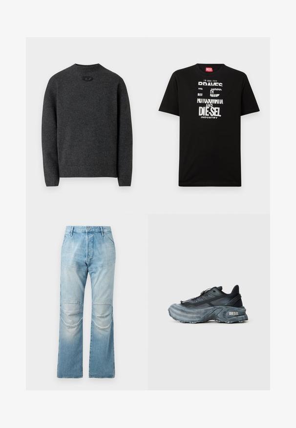 Dunkelgrauer Pullover aus weichem Strickstoff mit Rundhalsausschnitt sowie gerippten Bündchen an Ärmeln und Saum. Mit kleinem Logodetail auf der Rückseite.; Schwarzes Baumwoll-T-Shirt mit kräftigen weißen Textgrafiken, darunter "DIESEL" und "INDUSTRY", mit rundem Halsausschnitt und kurzen Ärmeln.; Helle blaue, hochgeschnittene Jeans mit geradem Schnitt, ausgestattet mit Knieflicken und einer ausgewaschenen Textur. Metallknopfverschluss an der Taille.; Schwarz- und graue Diesel-Sneaker mit dicker Sohle, Schnürverschluss und strukturiertem Design auf einem schlichten hellgrauen Hintergrund.