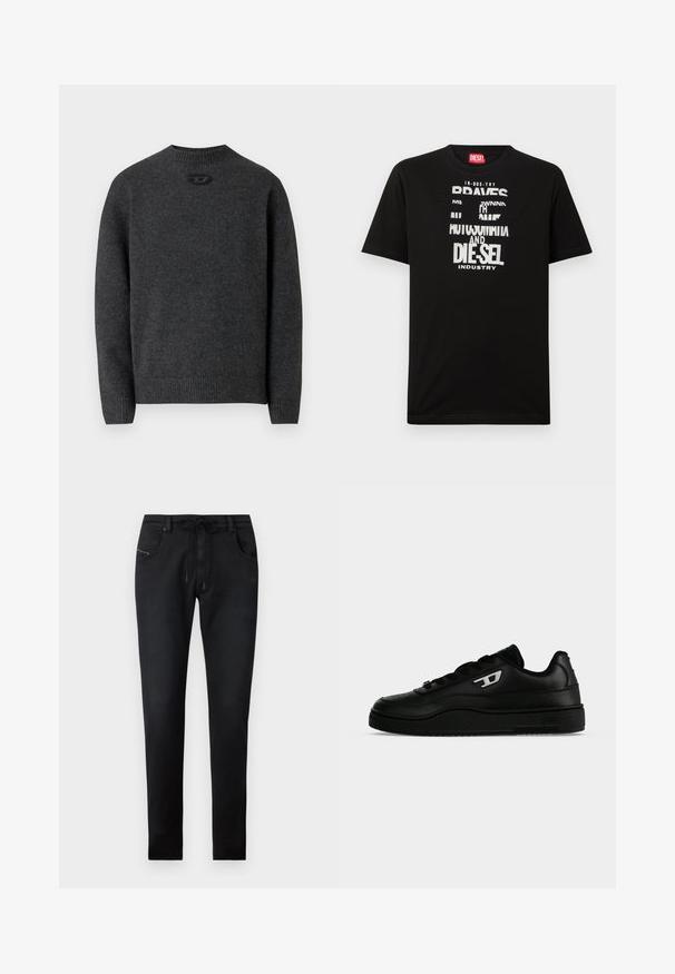 Suéter gris oscuro hecho de tela de punto suave, con cuello redondo y puños y dobladillo acanalados. Incluye un pequeño detalle de logo en la parte trasera.; Camiseta negra de algodón con gráficos de texto blanco llamativos, que incluyen "DIESEL" e "INDUSTRY", con cuello redondo y mangas cortas.; Pantalones de mezclilla negra con corte ajustado, que cuentan con una cintura con cordón, dos bolsillos frontales y detalles de costura sutiles. Textura suave.; Zapatilla negra de perfil bajo con suela gruesa, cordones delanteros y un pequeño logo blanco "D" en el lateral, mostrada sobre un fondo blanco liso.