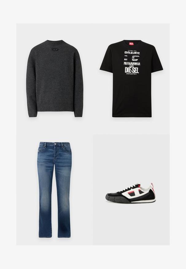 Donkergrijze trui gemaakt van zachte gebreide stof, met een ronde halslijn en geribbelde boorden en zoom. Voorzien van een klein logodetail aan de achterkant.; Zwart katoenen T-shirt met opvallende witte tekstgrafieken, waaronder "DIESEL" en "INDUSTRY", met een ronde hals en korte mouwen.; Donkerblauwe denim jeans met een rechte pijp, voorzien van zijzakken, subtiele vervaging en een klassieke knoopsluiting bij de taille.; Diesel S PAGODHA LOW - Sneakers laag - black