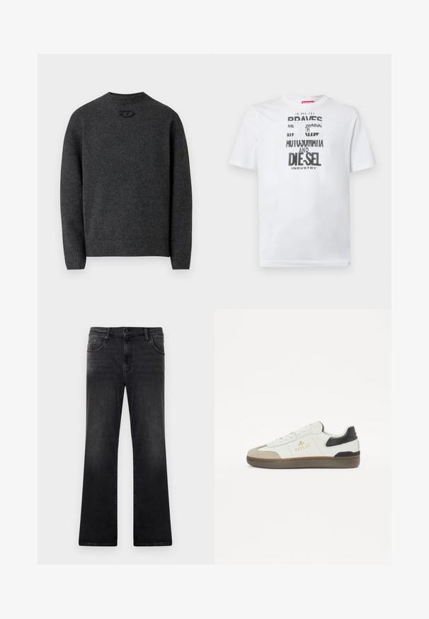 Pull gris foncé en tissu tricoté doux, avec un col rond et des poignets et un ourlet côtelés. Comprend un petit détail de logo à l'arrière.; T-shirt en coton blanc avec une typographie noire audacieuse affichant les mots "BRAVES" et "DIE-SEL INDUSTRY" ainsi qu'un design découpé semi-transparent.; Jean en denim noir évasé avec une texture lisse, comportant cinq poches et une fermeture à bouton, montrant une finition délavée.; Sneaker blanc et noir en cuir et daim, avec un bout rond, une semelle texturée, un logo doré et un accent de talon contrastant.