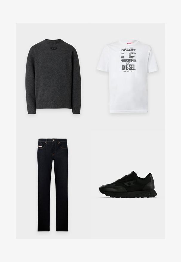 Dunkelgrauer Pullover aus weichem Strickstoff mit Rundhalsausschnitt sowie gerippten Bündchen an Ärmeln und Saum. Mit kleinem Logodetail auf der Rückseite.; Weißes Baumwoll-T-Shirt mit fetter schwarzer Typografie und den Worten "BRAVES" und "DIE-SEL INDUSTRY" sowie einem halbtransparenten Cutout-Design.; Dunkelblaue Jeans aus Denim mit geradem Bein, mit orangefarbener Naht und einem Label auf der Vordertasche. Mit Metallknopfverschluss.; Schwarzer Low-Top-Sneaker mit strukturiertem Leder und Stoffpaneelen, Schnürverschluss und dicker Gummisohle auf einfachem hellem Hintergrund.