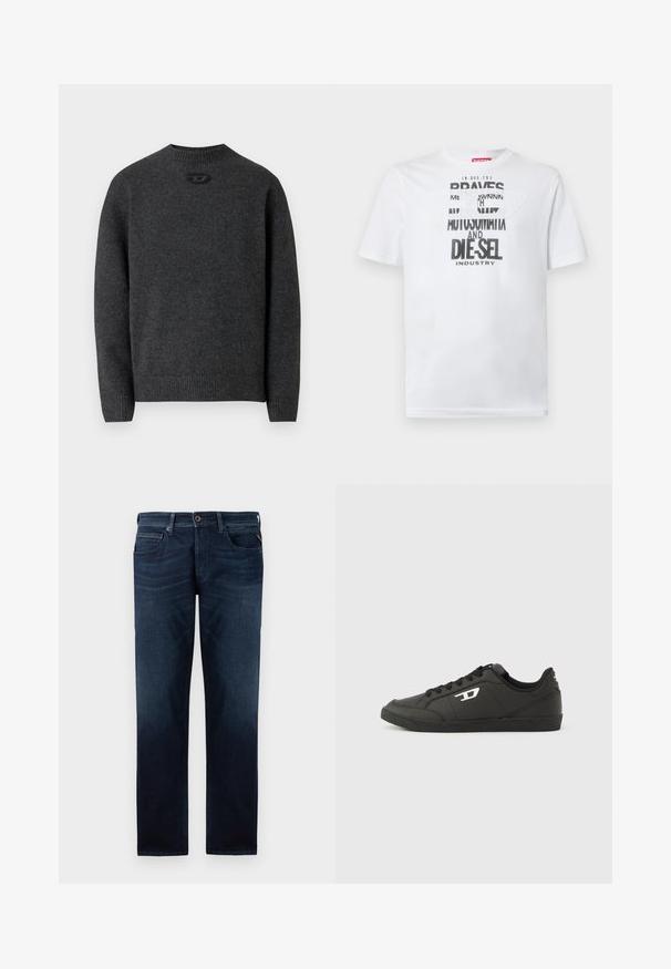 Donkergrijze trui gemaakt van zachte gebreide stof, met een ronde halslijn en geribbelde boorden en zoom. Voorzien van een klein logodetail aan de achterkant.; Wit katoenen T-shirt met gedurfde zwarte typografie met de woorden "BRAVES" en "DIE-SEL INDUSTRY" en een semi-transparant uitgesneden ontwerp.; Donkerblauwe denim jeans met een rechte pijpdesign, vijf-pocketstijl en een zichtbare knoopsluiting in de taille. Soepele textuur.; Zwarte sneakers van synthetisch materiaal met een geribbelde zwarte zool, ronde neus en vlakke zwarte veters. Opvallend wit logomerk aan de buitenzijde.