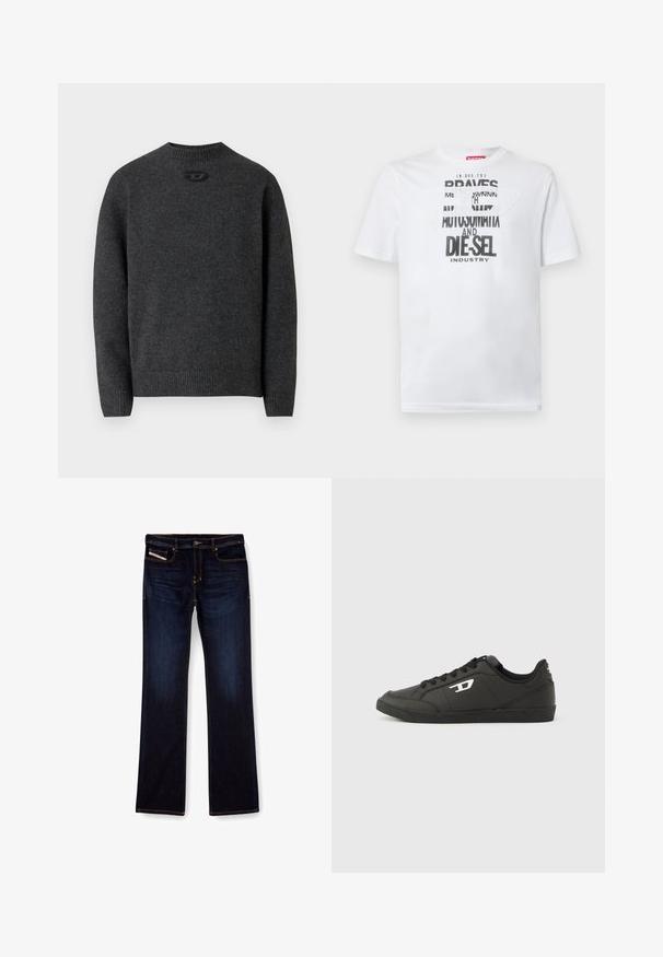 Suéter gris oscuro hecho de tela de punto suave, con cuello redondo y puños y dobladillo acanalados. Incluye un pequeño detalle de logo en la parte trasera.; Camiseta blanca de algodón con tipografía negra audaz que muestra las palabras "BRAVES" y "DIE-SEL INDUSTRY" y un diseño de recorte semitransparente.; Jeans de mezclilla de color azul oscuro con corte recto, con costuras naranjas, cremallera en la bragueta y bolsillos delanteros. Textura suave y cinturilla estándar.; Zapatillas deportivas negras sintéticas con suela negra texturizada, puntera redonda y cordones planos negros. Destaca un logo blanco en el lateral exterior.