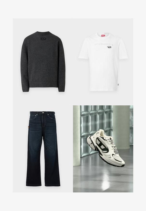 Mørkegrå sweater lavet af blødt strikket stof med rund halsudskæring og ribstrikkede manchetter og kant. Har et lille logodetalje på ryggen.; Hvid bomuld t-shirt med rund hals og korte ærmer, med et sort trykt design og mærket "DIESEL" centreret over et øje-grafik.; Mørkeblå lige ben jeans med klassisk fem-lomme design, bæltestropper og subtile falmede detaljer foran og på knæene.; Hvid og sort atletisk sneaker med mesh-detaljer og mønstrede snørebånd, svævende i luften i et moderne indendørs rum med glasblokke.