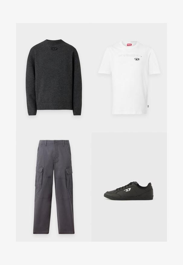 Dunkelgrauer Pullover aus weichem Strickstoff mit Rundhalsausschnitt sowie gerippten Bündchen an Ärmeln und Saum. Mit kleinem Logodetail auf der Rückseite.; Weißes Baumwoll-T-Shirt mit Rundhalsausschnitt und kurzen Ärmeln, mit einem schwarzen Druckmotiv und dem Markennamen "DIESEL", der zentriert über einer Augengrafik platziert ist.; Hollister Co. SKATER BAGGY - Cargohose - grey; Schwarze Sneakers aus synthetischem Material mit einer strukturierten schwarzen Sohle, rundem Zehenbereich und flachen schwarzen Schnürsenkeln. Auffälliges weißes Logo auf der Außenseite.