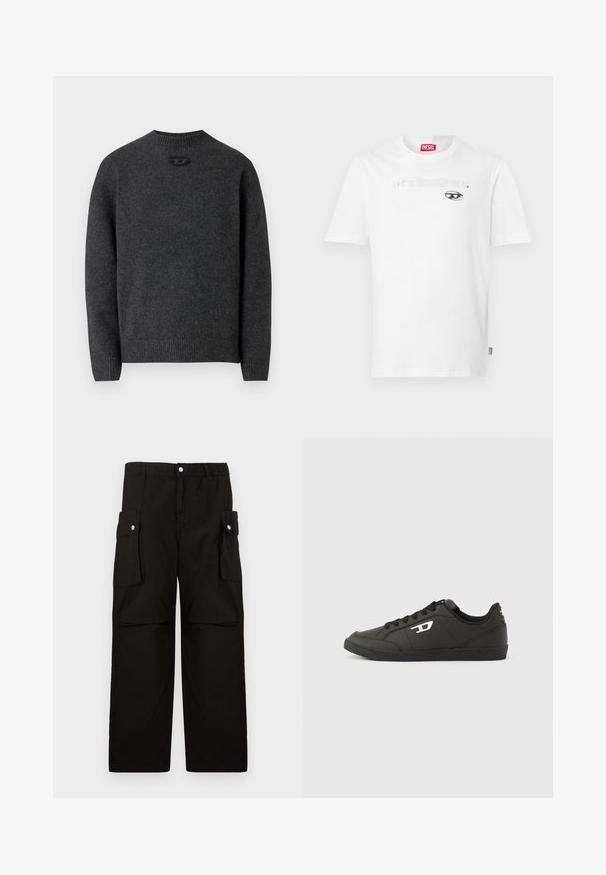 Donkergrijze trui gemaakt van zachte gebreide stof, met een ronde halslijn en geribbelde boorden en zoom. Voorzien van een klein logodetail aan de achterkant.; Wit katoenen T-shirt met een ronde hals, korte mouwen, met een zwart gedrukt ontwerp en de merknaam "DIESEL" centraal boven een oogafbeelding.; Zwarte cargobroek van zachte stof, met een elastische tailleband, zijzakken met kleppen en een losse, rechtvallende pasvorm.; Zwarte sneakers van synthetisch materiaal met een geribbelde zwarte zool, ronde neus en vlakke zwarte veters. Opvallend wit logomerk aan de buitenzijde.