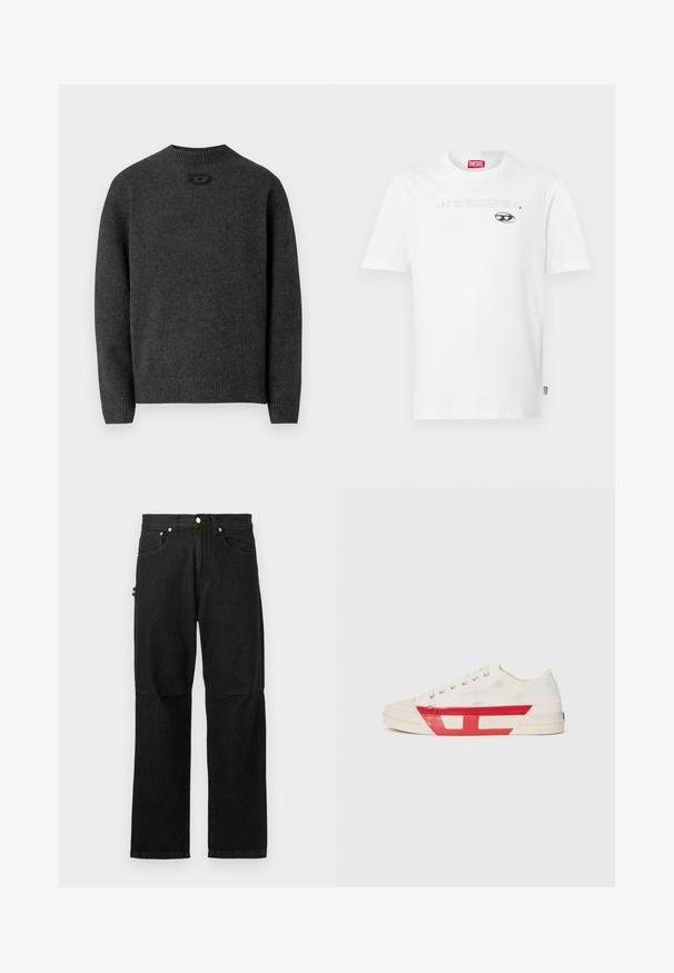 Dunkelgrauer Pullover aus weichem Strickstoff mit Rundhalsausschnitt sowie gerippten Bündchen an Ärmeln und Saum. Mit kleinem Logodetail auf der Rückseite.; Weißes Baumwoll-T-Shirt mit Rundhalsausschnitt und kurzen Ärmeln, mit einem schwarzen Druckmotiv und dem Markennamen "DIESEL", der zentriert über einer Augengrafik platziert ist.; Schwarze Denim-Hosen mit geradem Bein, ausgestattet mit Fronttaschen, einem Knopfverschluss und minimalistischer Hardware für einen klaren Look.; Leinensneaker mit weißem Obermaterial, roten Gummidetails und einem strukturierten Design. Verfügt über eine runde Zehenpartie und fünf Ösen für die Schnürsenkel.