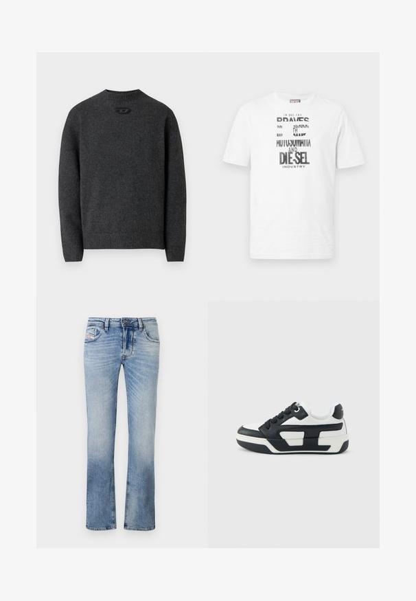 Pull gris foncé en tissu tricoté doux, avec un col rond et des poignets et un ourlet côtelés. Comprend un petit détail de logo à l'arrière.; T-shirt Diesel blanc à manches courtes avec texte graphique noir et blanc et logo sur le devant, col rond et étiquette logo rouge sur la couture latérale.; Jean en denim bleu clair avec une coupe droite, dotés de poches avant, d'une fermeture éclair et d'un léger délavage sur l'ensemble du tissu.; Basket basse en noir et blanc avec semelle épaisse, lacets noirs et design de panneaux contrastants sur le côté, vue de profil gauche.
