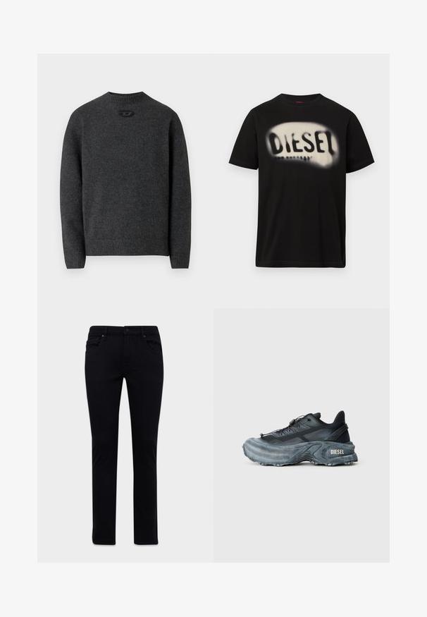 Dunkelgrauer Pullover aus weichem Strickstoff mit Rundhalsausschnitt sowie gerippten Bündchen an Ärmeln und Saum. Mit kleinem Logodetail auf der Rückseite.; Schwarzes Baumwoll-T-Shirt mit einem großen, verschwommenen weißen Logo und dem Schriftzug "DIESEL" auf der Vorderseite. Kurzärmlig, mit rundem Halsausschnitt.; Schwarze Slim-Fit-Jeans mit Vorder- und Rückentaschen, Gürtelschlaufen und Knopfverschluss, auf einem weißen Hintergrund präsentiert.; Schwarz- und graue Diesel-Sneaker mit dicker Sohle, Schnürverschluss und strukturiertem Design auf einem schlichten hellgrauen Hintergrund.