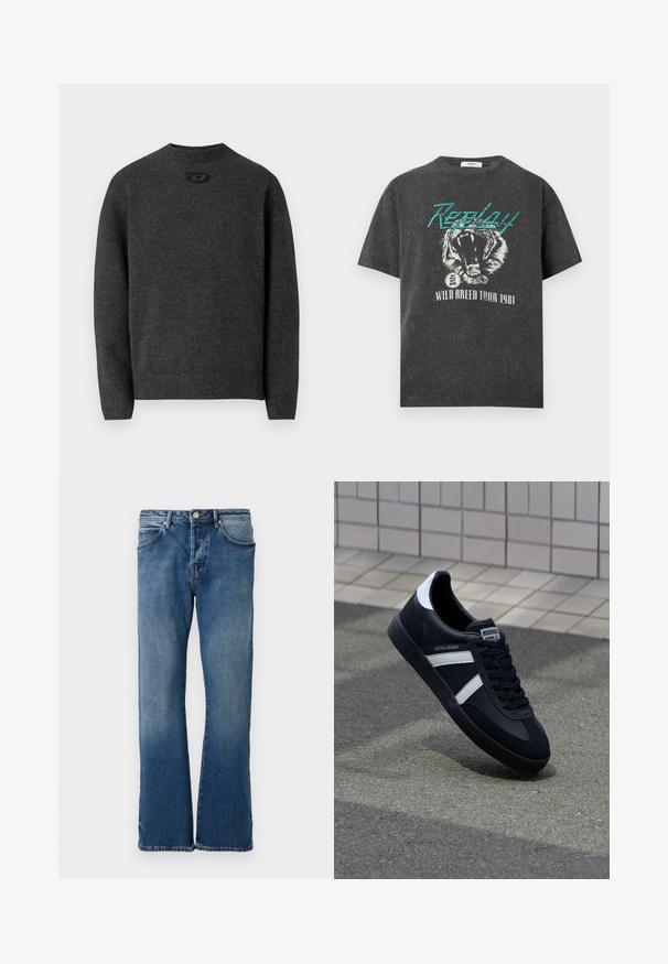 Mørkegrå sweater lavet af blødt strikket stof med rund halsudskæring og ribstrikkede manchetter og kant. Har et lille logodetalje på ryggen.; Sort vasket T-shirt med turkis "Replay" tekst, brølende tiger grafik og hvid "Wild Breed Tour 1981" tekst nedenunder.; Lyseblå denimjeans med lige ben-design, der har fem lommer, en knap-lukning og diskret falmning på stoffet.; Sort lædersneaker med hvide striber, tekstureret gummisål og snørrebånd foran. Har et brandet mærke på tungen.