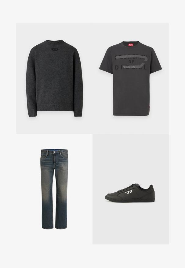 Donkergrijze trui gemaakt van zachte gebreide stof, met een ronde halslijn en geribbelde boorden en zoom. Voorzien van een klein logodetail aan de achterkant.; Grijze katoenen t-shirt met vetgedrukte zwarte tekst "EIGENDOM VAN D.I.E.S.E.L.", met een gladde textuur en korte mouwen.; Donkere blauwe denim jeans met een vervaagde gradient, rechte pijpen, vijf-pocket stijl, sluiting met metalen knoop en rits, en contrasterende stiksels.; Zwarte sneakers van synthetisch materiaal met een geribbelde zwarte zool, ronde neus en vlakke zwarte veters. Opvallend wit logomerk aan de buitenzijde.