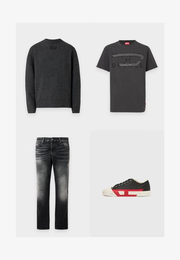 Suéter gris oscuro hecho de tela de punto suave, con cuello redondo y puños y dobladillo acanalados. Incluye un pequeño detalle de logo en la parte trasera.; Camiseta de algodón gris con texto negro en negrita que dice "PROPIEDAD DE D.I.E.S.E.L.", textura suave y mangas cortas.; Jeans negros con acabado desgastado y toques rasgados, diseño estándar de cinco bolsillos y cierre con cremallera. Elaborados en tela de denim.; Zapatilla deportiva de lona negra con detalles en rojo, puntera de goma y suela blanca. Cuenta con cordones negros y un diseño texturizado en el lateral.