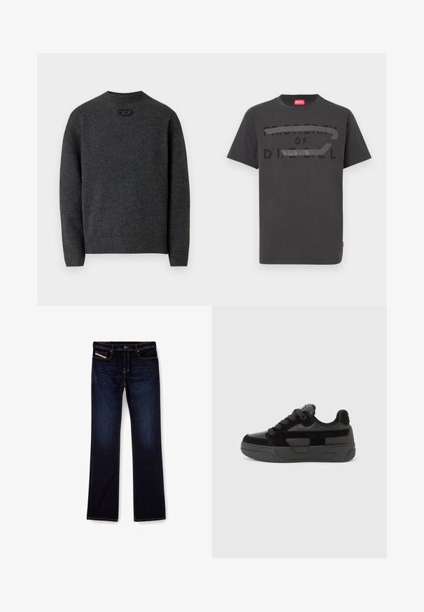 Dunkelgrauer Pullover aus weichem Strickstoff mit Rundhalsausschnitt sowie gerippten Bündchen an Ärmeln und Saum. Mit kleinem Logodetail auf der Rückseite.; Graues Baumwoll-T-Shirt mit fettem schwarzem Text "PROPERTY OF D.I.E.S.E.L.", glatter Textur und kurzen Ärmeln.; Dunkelblaue Jeans aus Denim mit geradem Bein, ausgestattet mit orangefarbenen Nähten, einem Reißverschluss und Vordertaschen. Glatte Textur und Standardbund.; Schwarzer Sneaker mit einer Mischung aus glatten und strukturierten Materialien, ausgestattet mit einer runden Spitze, dicker Sohle und Schnürverschluss. Minimalistisches Design mit Akzenten.