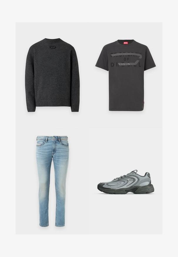 Dunkelgrauer Pullover aus weichem Strickstoff mit Rundhalsausschnitt sowie gerippten Bündchen an Ärmeln und Saum. Mit kleinem Logodetail auf der Rückseite.; Graues Baumwoll-T-Shirt mit fettem schwarzem Text "PROPERTY OF D.I.E.S.E.L.", glatter Textur und kurzen Ärmeln.; Hellblaue Denim-Jeans mit tailliertem Schnitt, fünf Taschen, subtilen Auswaschungen, mit Knopfverschluss und Gürtelschlaufen.; Grau-schwarzer Sportschuh mit Schnürung vorne, strukturierter Sohle und Markenlogo an der Seite, gezeigt im linken Profil auf weißem Hintergrund.