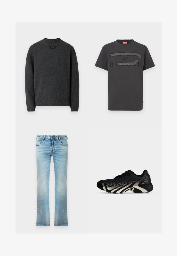 Dunkelgrauer Pullover aus weichem Strickstoff mit Rundhalsausschnitt sowie gerippten Bündchen an Ärmeln und Saum. Mit kleinem Logodetail auf der Rückseite.; Graues Baumwoll-T-Shirt mit fettem schwarzem Text "PROPERTY OF D.I.E.S.E.L.", glatter Textur und kurzen Ärmeln.; Helleblaue Denim-Jeans mit geradem Schnitt, Fünf-Taschen-Design und leichter Ausbleichung. Mit metallischem Knopf und Reißverschlussverschluss.; Schwarzer und grauer Sportschuh mit geschichteten geometrischen Mustern und dicker, geformter Sohle, von der Seite vor weißem Hintergrund gezeigt.
