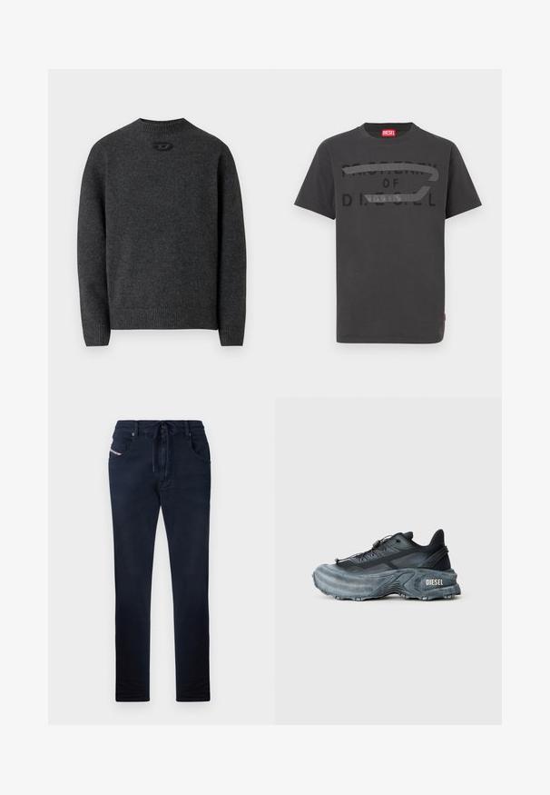 Suéter gris oscuro hecho de tela de punto suave, con cuello redondo y puños y dobladillo acanalados. Incluye un pequeño detalle de logo en la parte trasera.; Camiseta de algodón gris con texto negro en negrita que dice "PROPIEDAD DE D.I.E.S.E.L.", textura suave y mangas cortas.; Pantalones azul marino con cintura ajustable, corte recto, dos bolsillos frontales y un sutil detalle de logo en el bolsillo izquierdo. Textura suave.; Zapatilla Diesel en negro y gris con suela gruesa, cierre de cordón y diseño texturizado sobre un fondo liso de color gris claro.