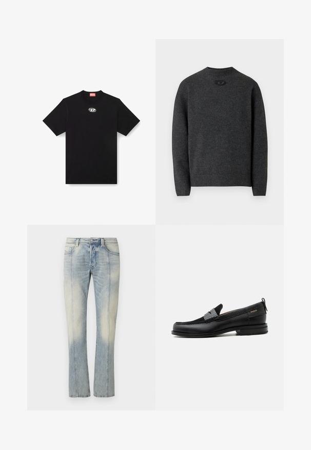 Suéter gris oscuro hecho de tela de punto suave, con cuello redondo y puños y dobladillo acanalados. Incluye un pequeño detalle de logo en la parte trasera.; Camiseta de algodón negra con cuello redondo y mangas cortas. Presenta un pequeño logotipo plateado bordado en el centro del frente.; Jeans de mezclilla azul claro con diseño de pierna recta, con costuras dobles, bolsillos frontales y acabado desteñido. Sin marcas visibles.; Mocasín de cuero negro con detalle de tira gris, tacón bajo y suela texturizada, con la marca "HUGO" en oro en el lateral.