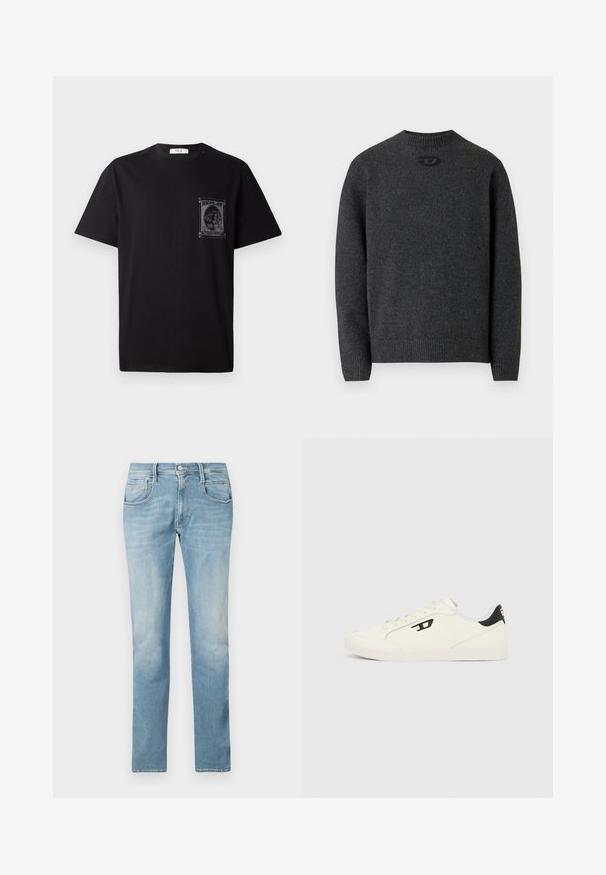 Donkergrijze trui gemaakt van zachte gebreide stof, met een ronde halslijn en geribbelde boorden en zoom. Voorzien van een klein logodetail aan de achterkant.; Zwarte katoenen t-shirt met korte mouwen, voorzien van een grafische print op de linkerborst en een kleine rode accent nabij de halslijn.; Lichtblauwe denim jeans met een rechte pijp ontwerp, vijf zakken en een vervaagde afwerking. Voorzien van een voorste knoop- en ritssluiting.; Witte sneakers met een gestructureerd bovenwerk, voorzien van zwarte accenten op de hiel en een logo op de zijkant. Vetersluiting en rubberen zool.