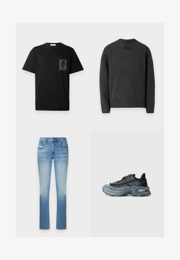 Dunkelgrauer Pullover aus weichem Strickstoff mit Rundhalsausschnitt sowie gerippten Bündchen an Ärmeln und Saum. Mit kleinem Logodetail auf der Rückseite.; Schwarz Baumwoll-T-Shirt mit kurzen Ärmeln, ausgestattet mit einem grafischen Druck auf der linken Brust und einem kleinen roten Akzent am Halsauschnitt.; Hellblaue Jeans aus Denim mit figurbetontem Schnitt, geradem Bein und dezentem Farbverlauf nach unten. Klassischer Fünf-Taschen-Stil.; Schwarz- und graue Diesel-Sneaker mit dicker Sohle, Schnürverschluss und strukturiertem Design auf einem schlichten hellgrauen Hintergrund.