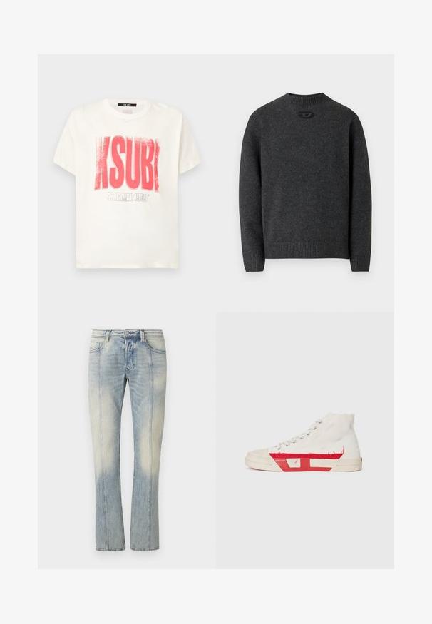 Pull gris foncé en tissu tricoté doux, avec un col rond et des poignets et un ourlet côtelés. Comprend un petit détail de logo à l'arrière.; T-shirt en coton blanc avec texte graphique rouge vif "KSUBI" et "ORIGINAL 1999" en gris en dessous. Coupe droite, manches courtes.; Jean en denim bleu clair avec une coupe droite, couture double, poches avant et finition délavée. Aucun logo visible.; Baskets montantes avec une tige en toile blanche, des accents en caoutchouc rouge et un détail d'ourlet effiloché, avec des œillets en argent et une semelle texturée.