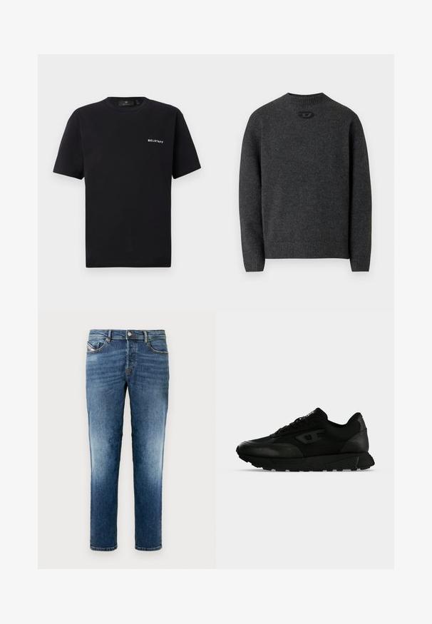 Dunkelgrauer Pullover aus weichem Strickstoff mit Rundhalsausschnitt sowie gerippten Bündchen an Ärmeln und Saum. Mit kleinem Logodetail auf der Rückseite.; Schwarzes Kurzarm-Crewneck-T-Shirt mit kleinem weißen "BELSTAFF"-Logo auf der linken Brust vor einem schlichten Hintergrund.; Blaue Jeans aus Denim mit geradem Schnitt, ausgestattet mit einem klassischen Fünf-Taschen-Design, leichter Ausbleichung und einem Knopfverschluss an der Taille.; Schwarzer Low-Top-Sneaker mit strukturiertem Leder und Stoffpaneelen, Schnürverschluss und dicker Gummisohle auf einfachem hellem Hintergrund.