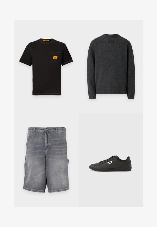 Dunkelgrauer Pullover aus weichem Strickstoff mit Rundhalsausschnitt sowie gerippten Bündchen an Ärmeln und Saum. Mit kleinem Logodetail auf der Rückseite.; Schwarzes Baumwoll-T-Shirt mit Rundhalsausschnitt, kurzen Ärmeln und einer Brusttasche, die ein oranges Etikett und kontrastierende Nähte aufweist.; Graue Denim-Shorts mit geradem Schnitt, fünf Taschen und dekorativen Nähten. Mit Knopfverschluss und seitlicher Schlaufe zur Größenanpassung.; Schwarze Sneakers aus synthetischem Material mit einer strukturierten schwarzen Sohle, rundem Zehenbereich und flachen schwarzen Schnürsenkeln. Auffälliges weißes Logo auf der Außenseite.
