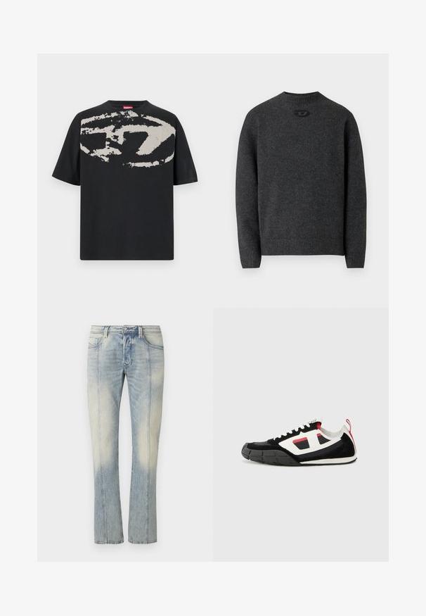 Dunkelgrauer Pullover aus weichem Strickstoff mit Rundhalsausschnitt sowie gerippten Bündchen an Ärmeln und Saum. Mit kleinem Logodetail auf der Rückseite.; Schwarzes T-Shirt mit einem großen, abstrakten hellgrauen Grafik auf der Vorderseite. Mit kurzen Ärmeln und einem klassischen, runden Halsausschnitt. Aus Baumwolle.; Hellblaue Jeans aus Denim mit geradem Bein, doppelt abgesteppten Nähten, Fronttaschen und einem verwaschenen Finish. Kein sichtbares Markenzeichen.; Diesel S PAGODHA LOW - Sneaker low - black