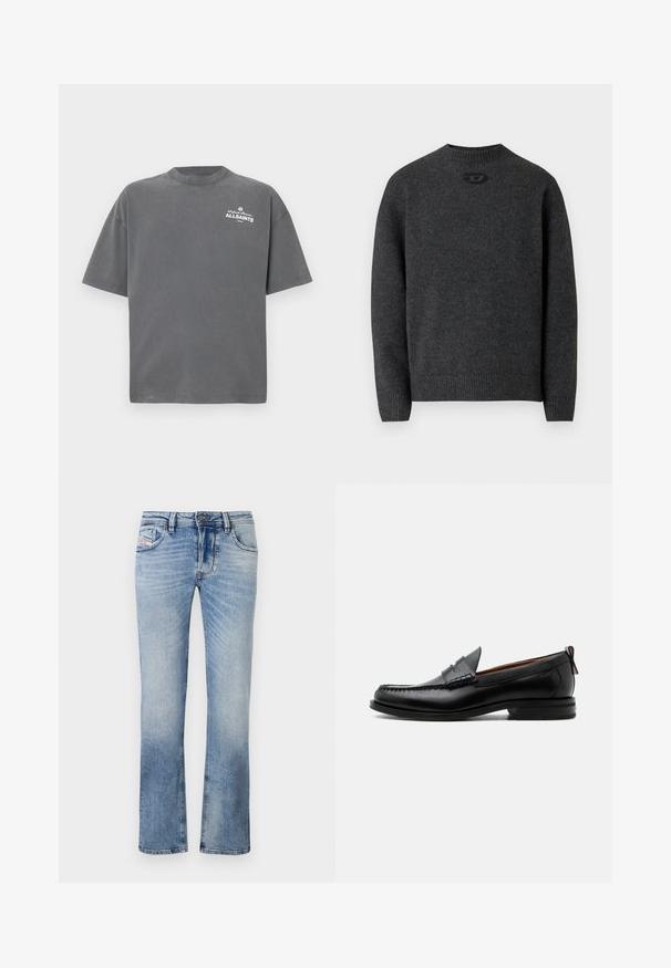 Mørkegrå sweater lavet af blødt strikket stof med rund halsudskæring og ribstrikkede manchetter og kant. Har et lille logodetalje på ryggen.; Mørkegrå T-shirt med korte ærmer og rund hals med lille hvid "ALLSAINTS"-logo på øverste venstre bryst.; Lyseblå denim jeans med lige ben-design, der har frontlommer, lynlås og subtile falmninger i stoffet.; Sort læder herre loafer med moc-tå syning, penny strop, struktureret krave og lav stablet hæl på hvid baggrund.