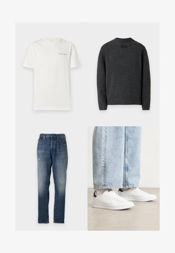 Pull gris foncé en tissu tricoté doux, avec un col rond et des poignets et un ourlet côtelés. Comprend un petit détail de logo à l'arrière.; T-shirt blanc uni à manches courtes avec petit logo texte bleu « SAMSØE SAMSØE » sur le côté gauche de la poitrine.; Jeans en denim présentant une couleur bleue délavée, un design à jambe droite, un léger effet usé à l'avant et un style classique à cinq poches.; Baskets blanches avec une texture en cuir lisse, accents noirs au talon et détails perforés. Associées à un pantalon en denim large de couleur bleu clair.