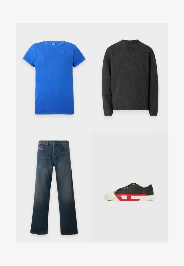 Dunkelgrauer Pullover aus weichem Strickstoff mit Rundhalsausschnitt sowie gerippten Bündchen an Ärmeln und Saum. Mit kleinem Logodetail auf der Rückseite.; Blaues T-Shirt mit kurzen Ärmeln aus Baumwolle und Rundhalsausschnitt. Mit umgeschlagenen Ärmeln und einem kleinen Logo in dunklerem Blau auf der Brust.; Blaue Jeans aus Denim mit einem geraden Bein, verblasster Textur, fransigem Saum und abgenutzten Details an der vorderen Tasche und im Oberschenkelbereich.; Schwarzer Leinensneaker mit roten Akzenten, Gummizehenschutz und weißer Sohle. Verfügt über schwarze Schnürsenkel und ein strukturiertes Design an der Seite.